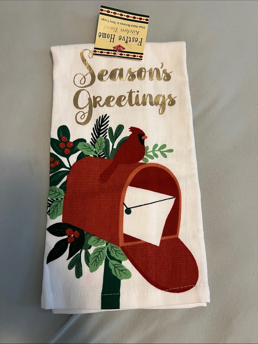 Williams Sonoma White Kitchen Towel with Red Mailbox and Cardinal